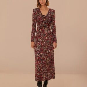 NWT FARM Rio Red and Burgundy Sheath Dress Long Sleeve V-Neck